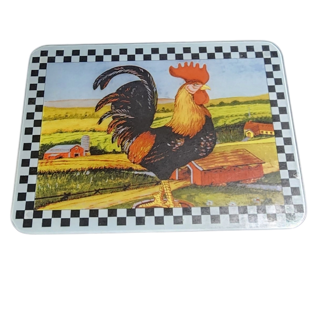 Colorful Rooster Farmhouse Art Glass Cutting Board